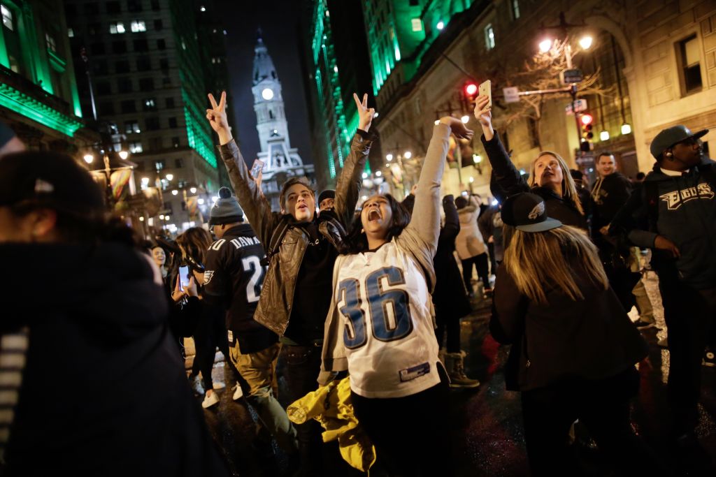 Philadelphia Eagles fans celebrate their Super Bowl win.