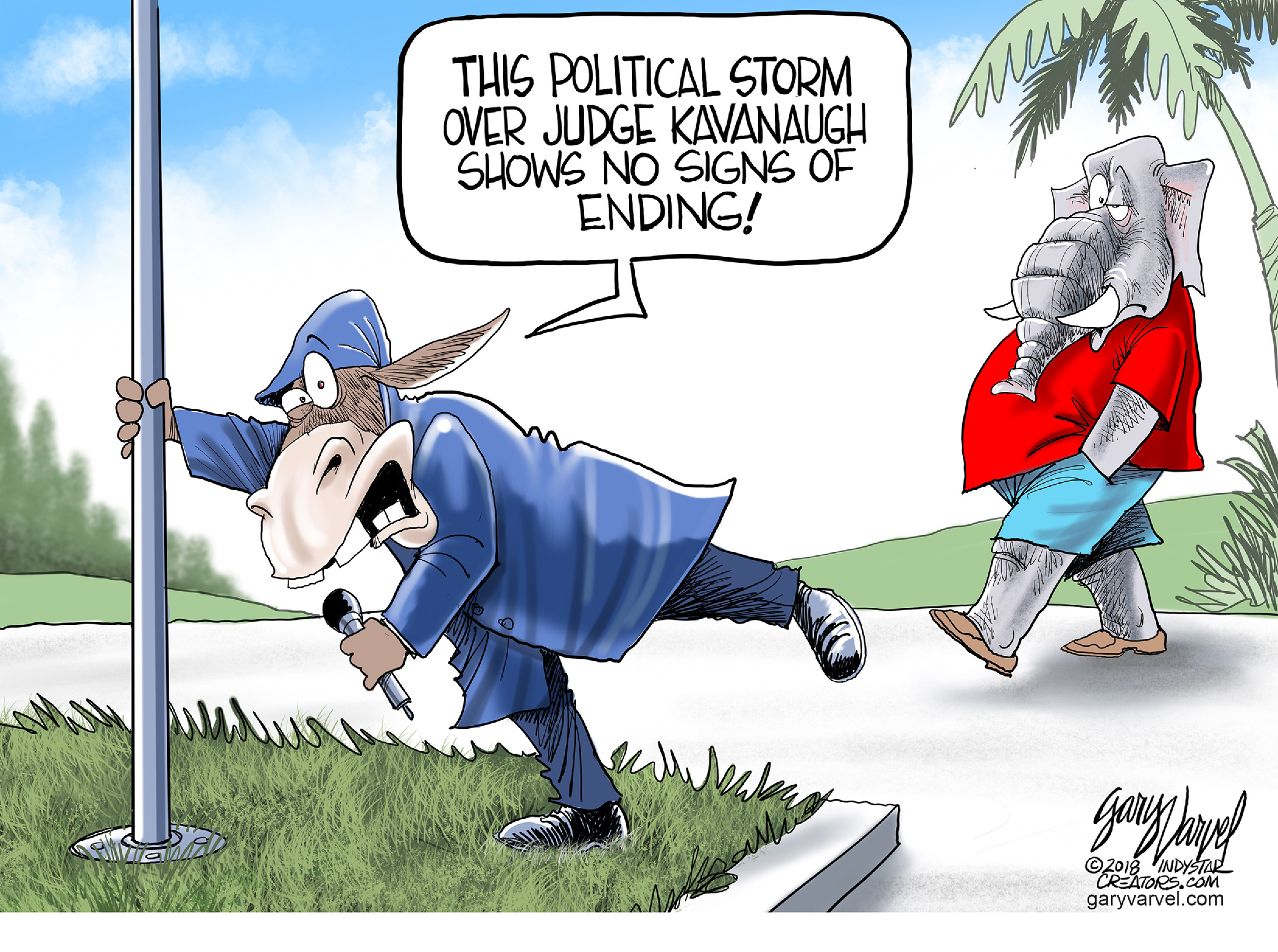 Political cartoon . Brett Kavanaugh Hurricane Florence weather reporter  exaggeration democrats republicans