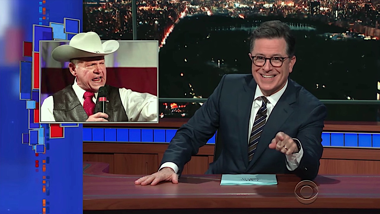 Stephen Colbert jokes and jokes about Roy Moore being banished from a mall