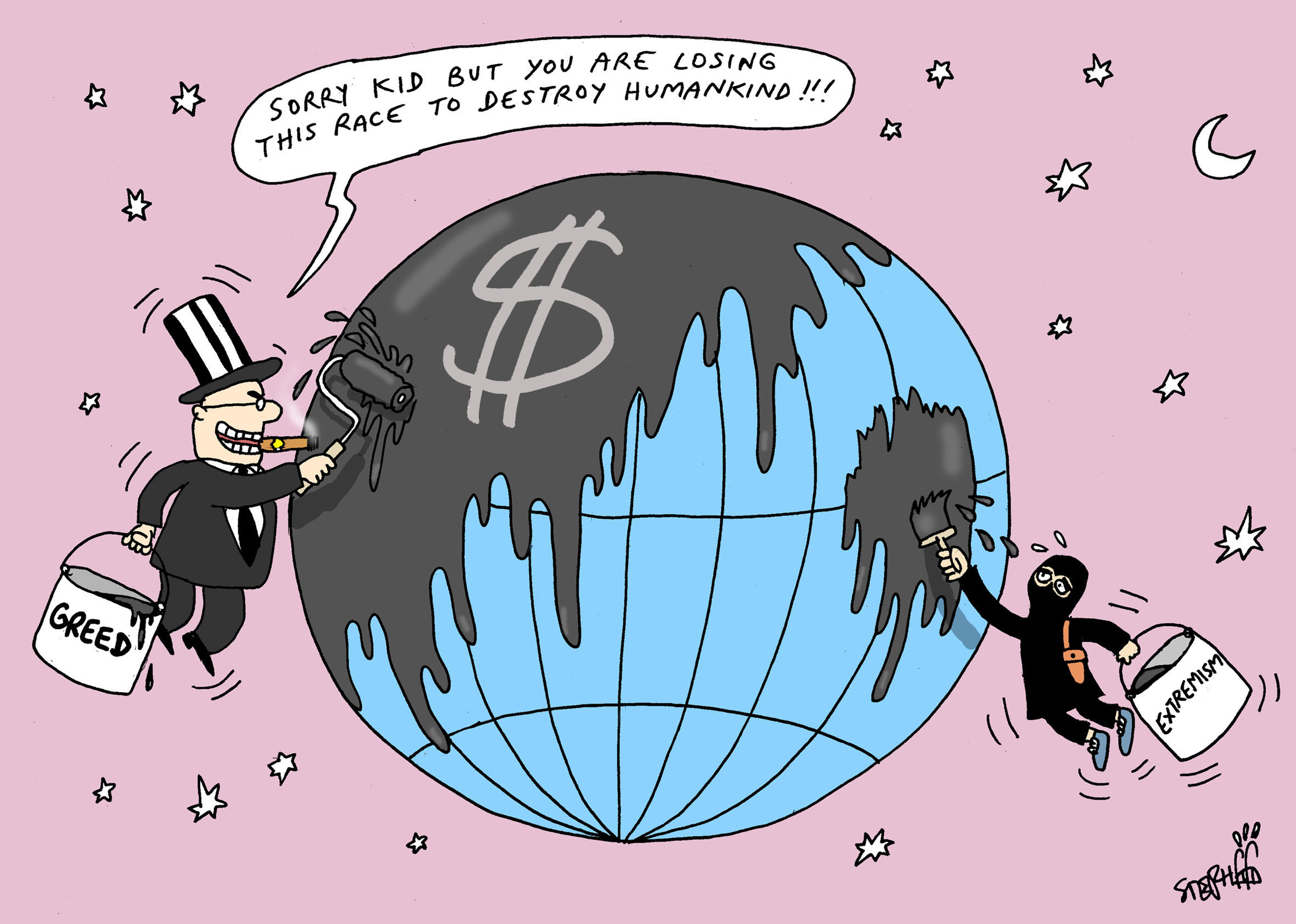 Political cartoon World Capitalism greed extremism terrorism