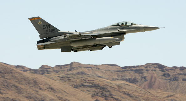 An F-16 flies over Nevada