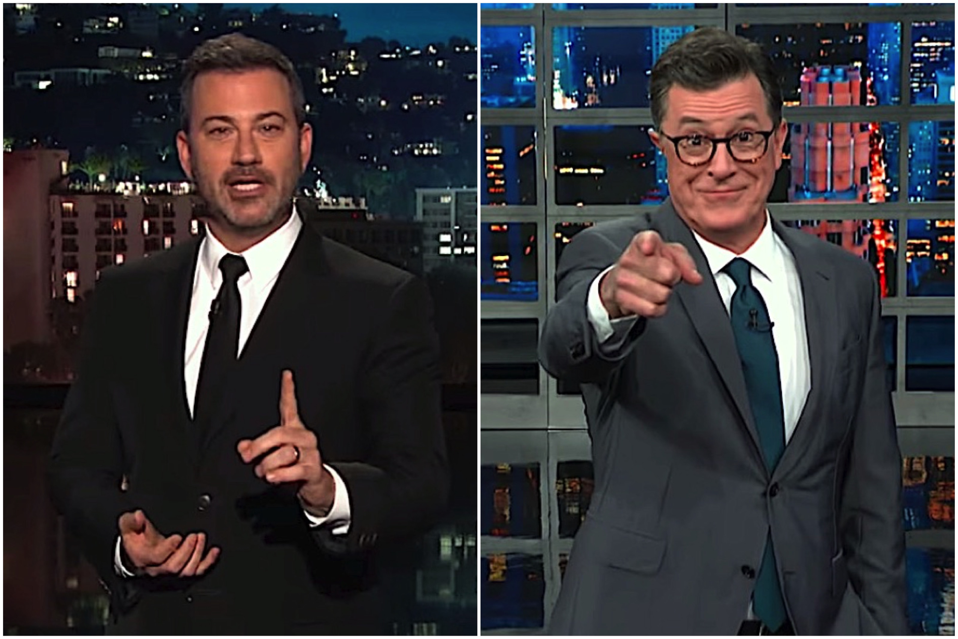 Stephen Colbert and Jimmy Kimmel slam Trump&#039;s Baltimore attacks