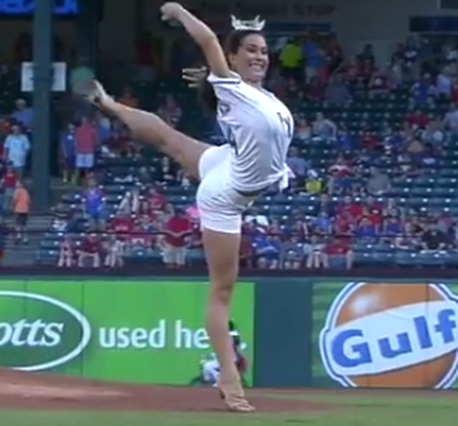 Watch Miss Texas stylishly throw the worst first pitch all year