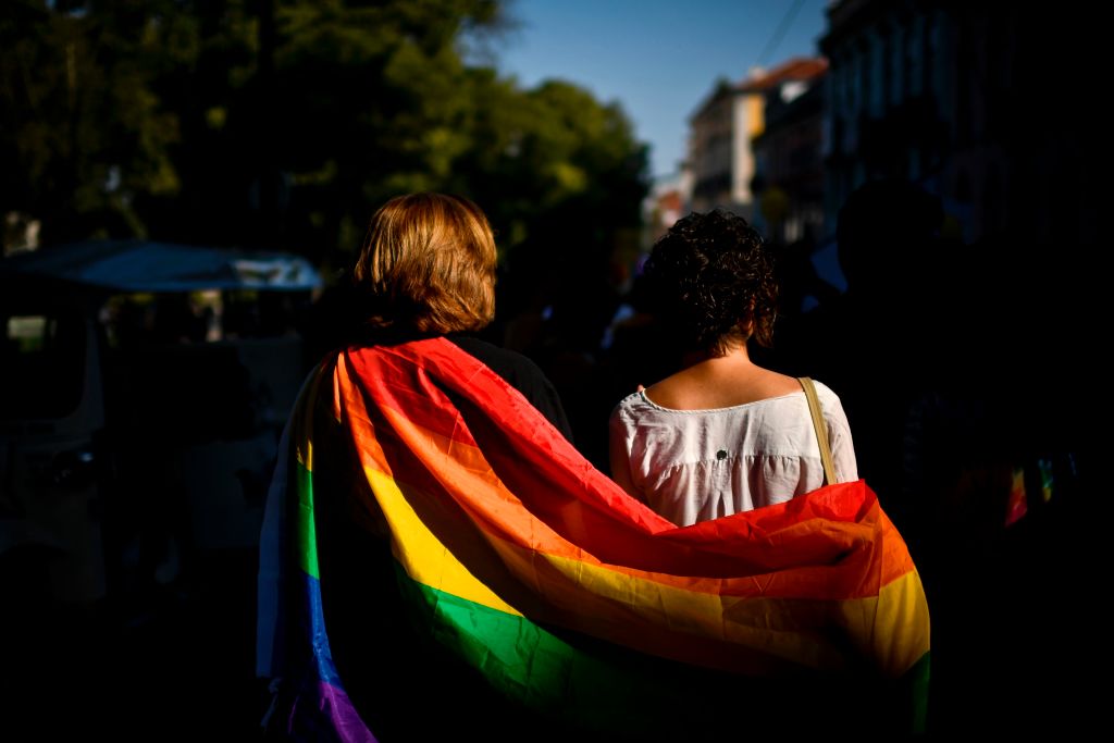 A couple in a rainbow flag.