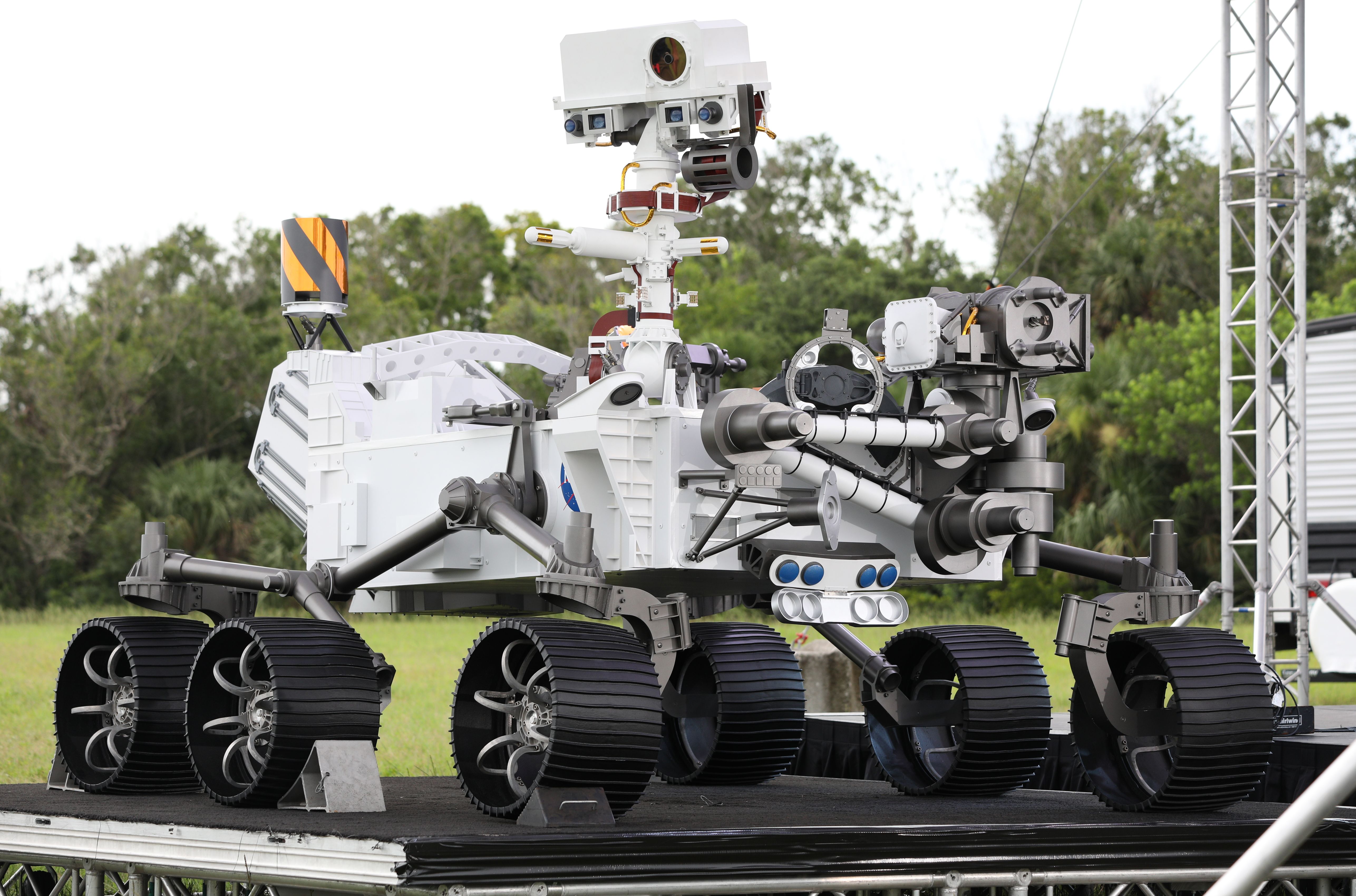 A full size model of the Perseverance rover.