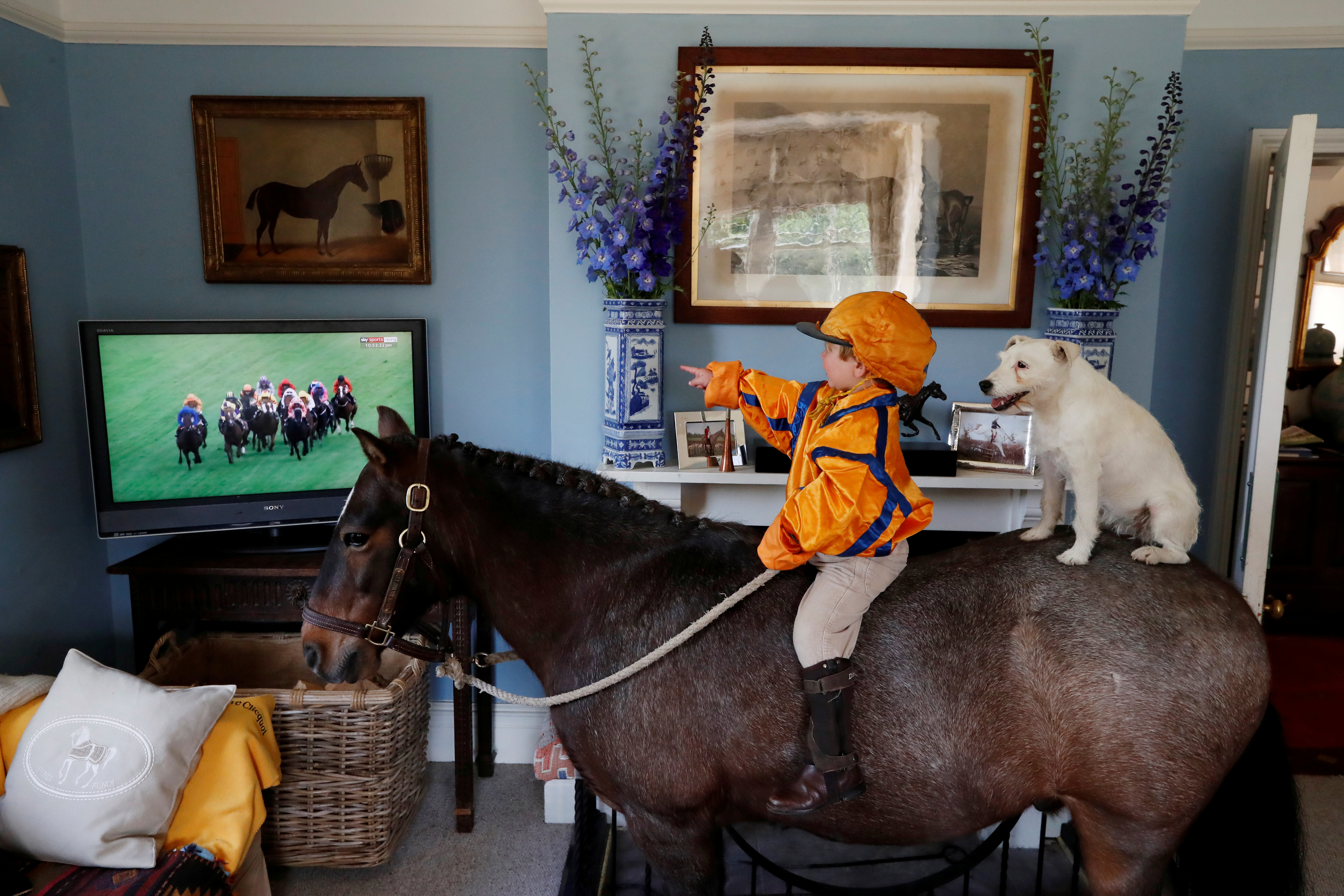 A boy watches TV on his horse.
