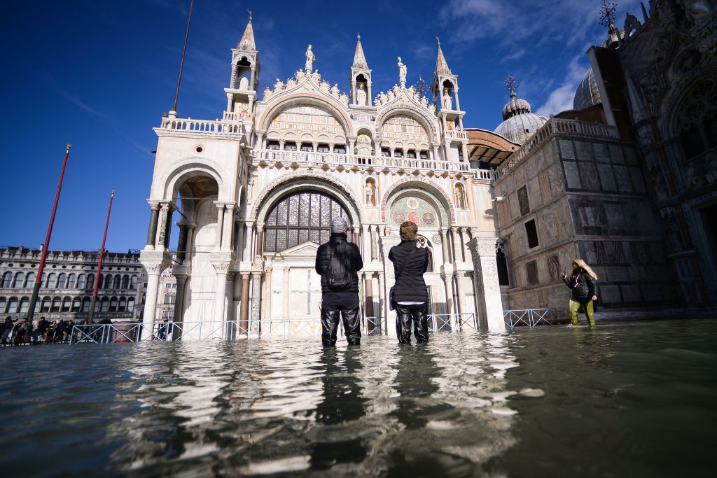 A flooded St. Mark&#039;s Square.