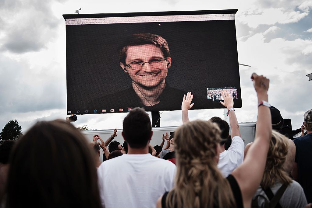 Edward Snowden speaks to a massive Danish music festival