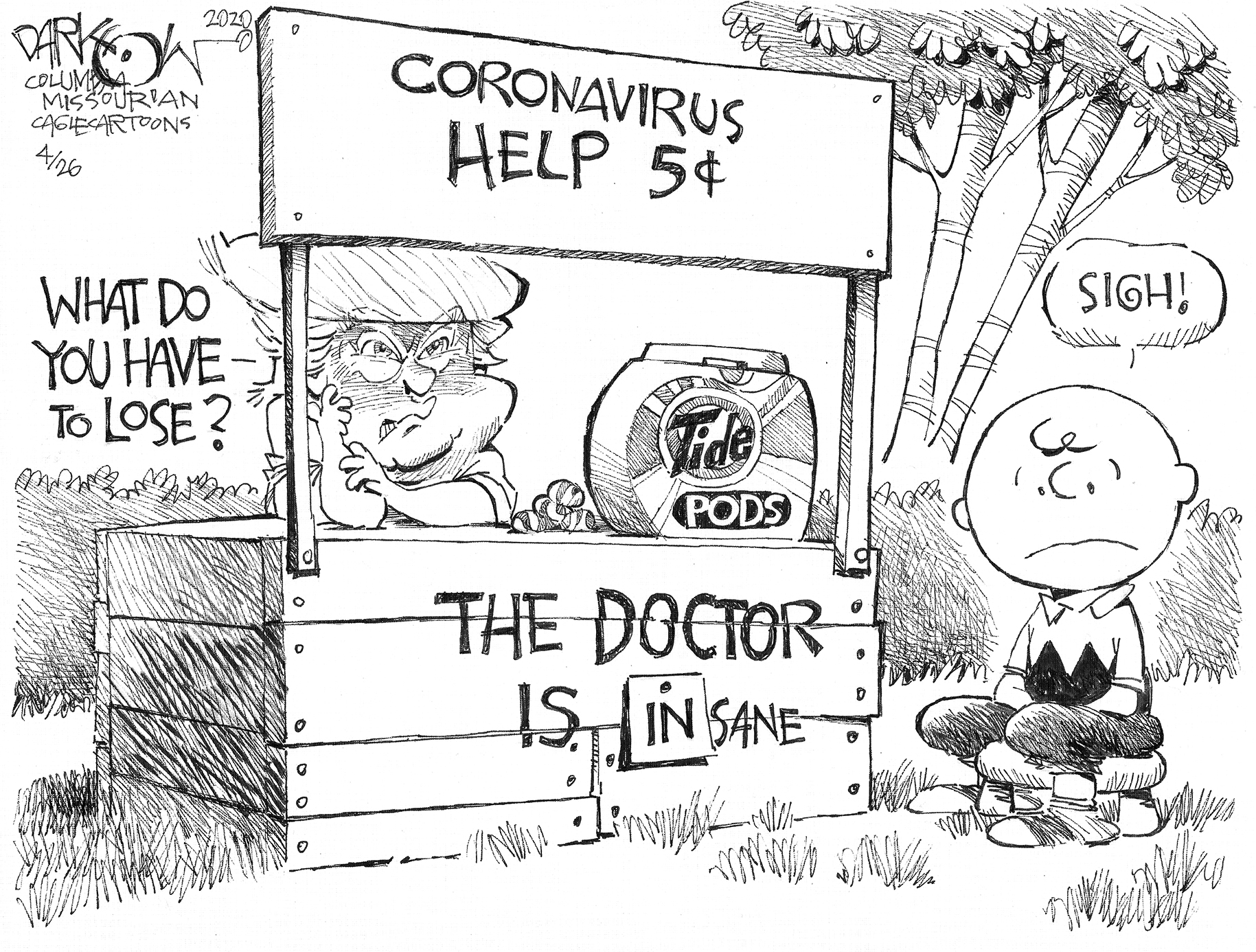 Political Cartoon U.S. Charlie Brown Tump advice Tide Pods