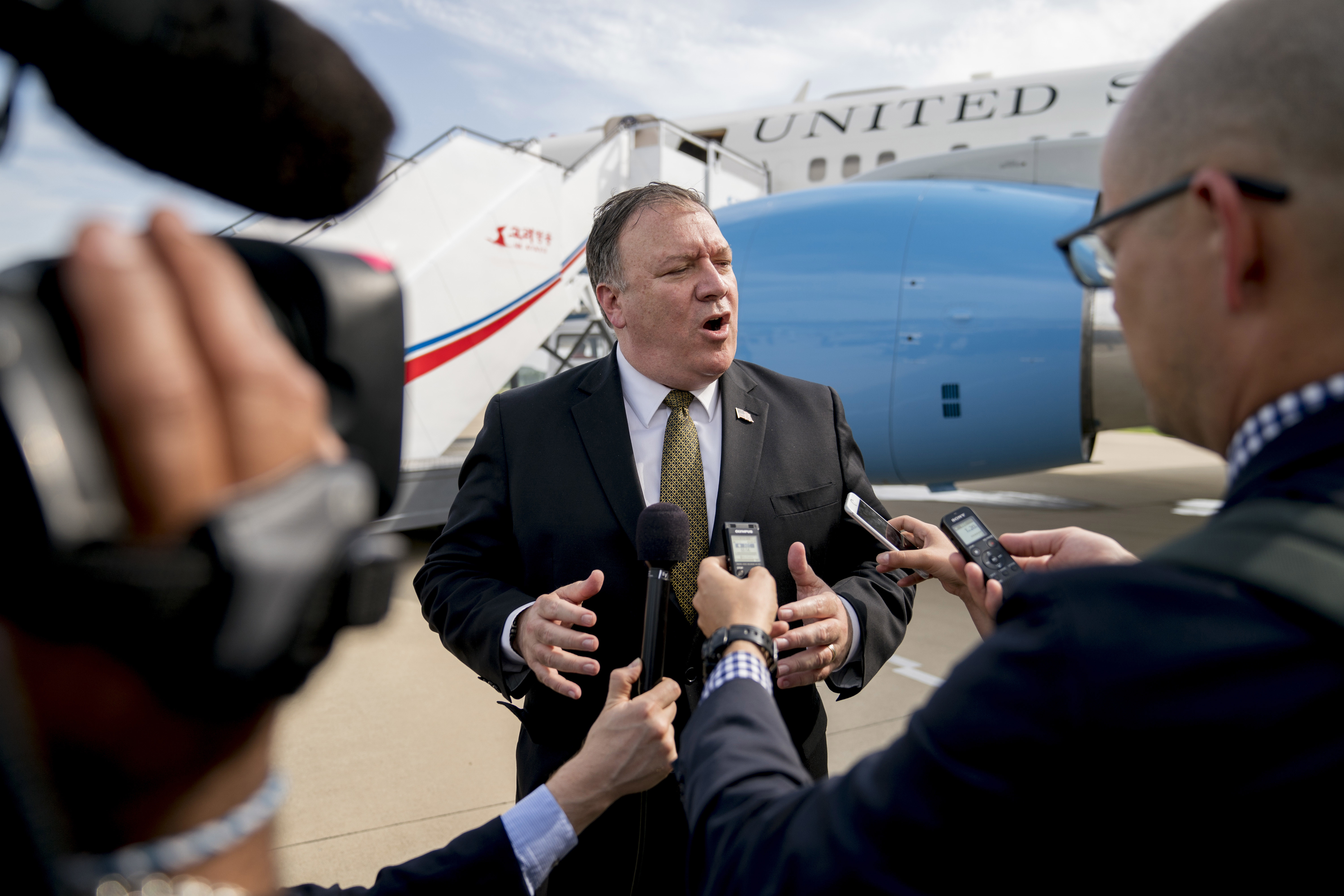 Secretary of State Mike Pompeo speaks to members of the media following two days of meetings with Kim Yong Chol, a North Korean senior ruling party official and former intelligence chief, bef