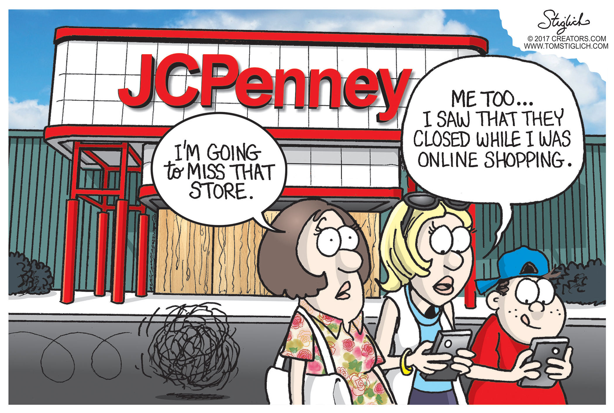 Political cartoon . JC Penney store closing Amazon online shopping