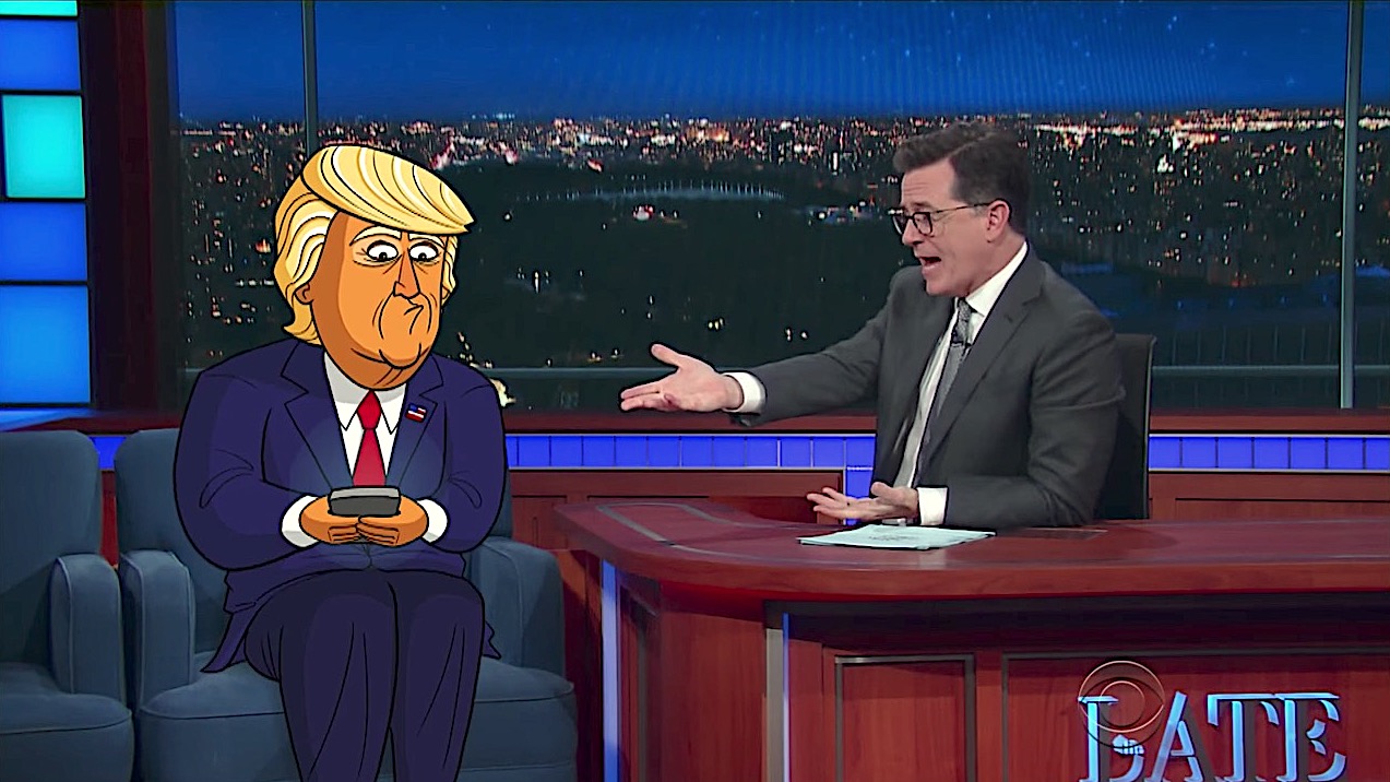 Stephen Colbert and Cartoon Trump talk tweeting