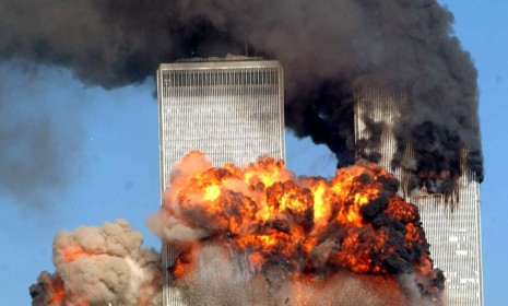 The south tower of the World Trade Center explodes as the hijacked United Airlines Flight 175 from Boston crashes into the building September 11, 2001 in New York City.