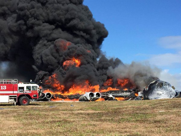 The wreckage of a B-52 bomber that crashed Wednesday in Guam.