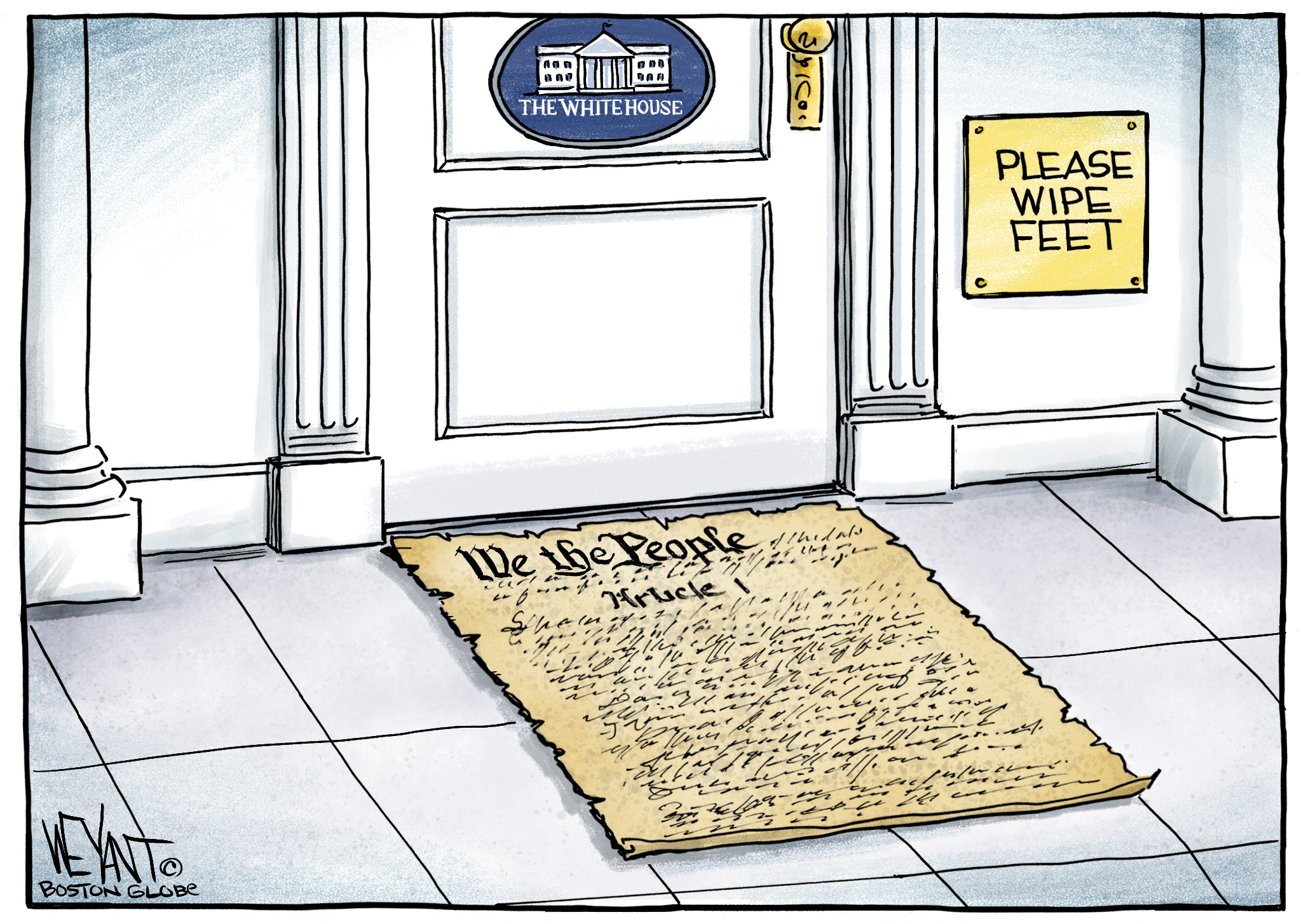 Political Cartoon . White house constitution doormat