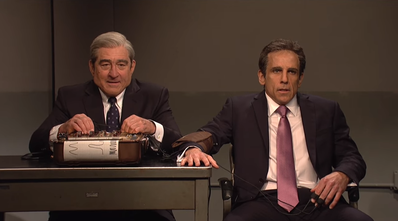 President Donald Trump&#039;s lawyer, Michael Cohen (Ben Stiller), is questioned by Robert Mueller (Robert De Niro) on SNL.