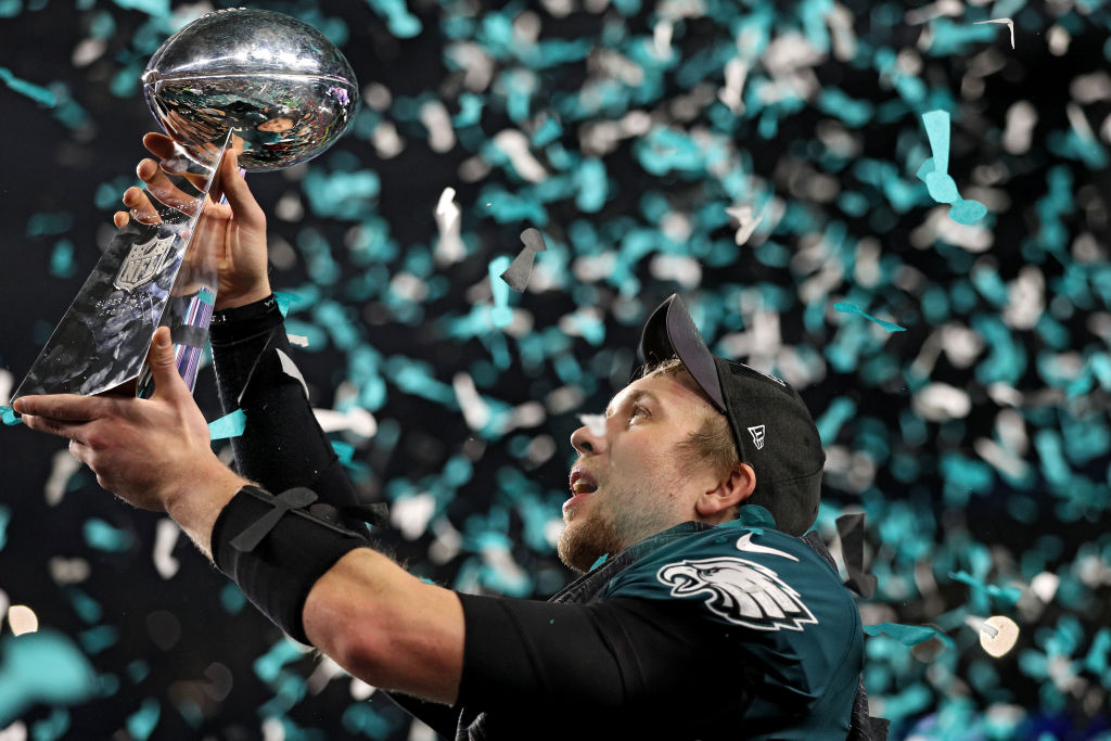 Nick Foles celebrates the Eagles&#039; Super Bowl win.
