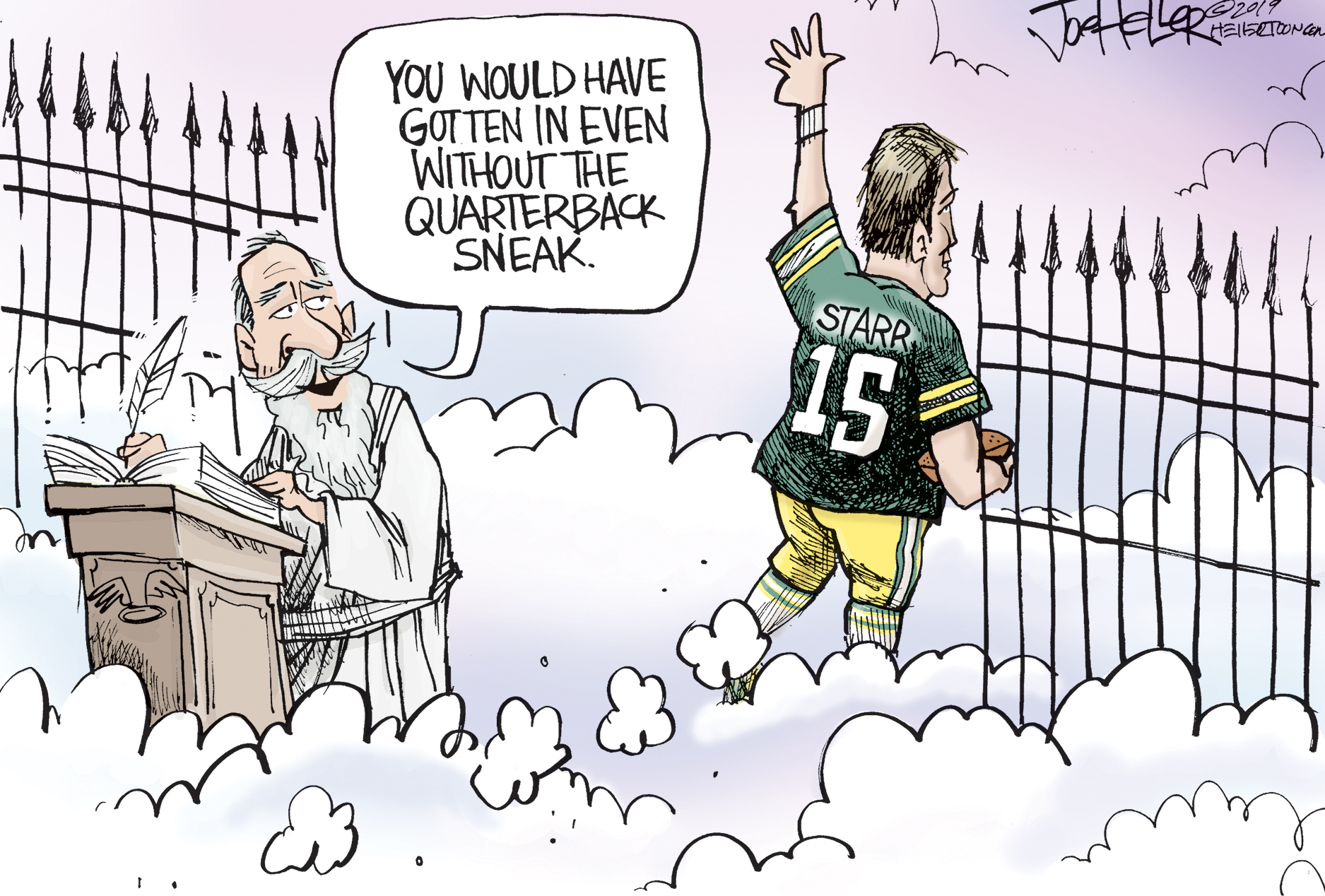 Editorial Cartoon . Bart Starr Packers RIP QB Sneak Heaven