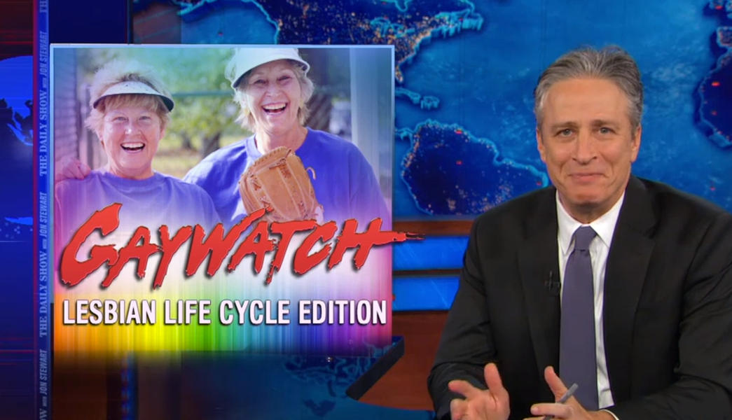 Today in gay wrongs: Jon Stewart looks at how lesbians are faring in red America