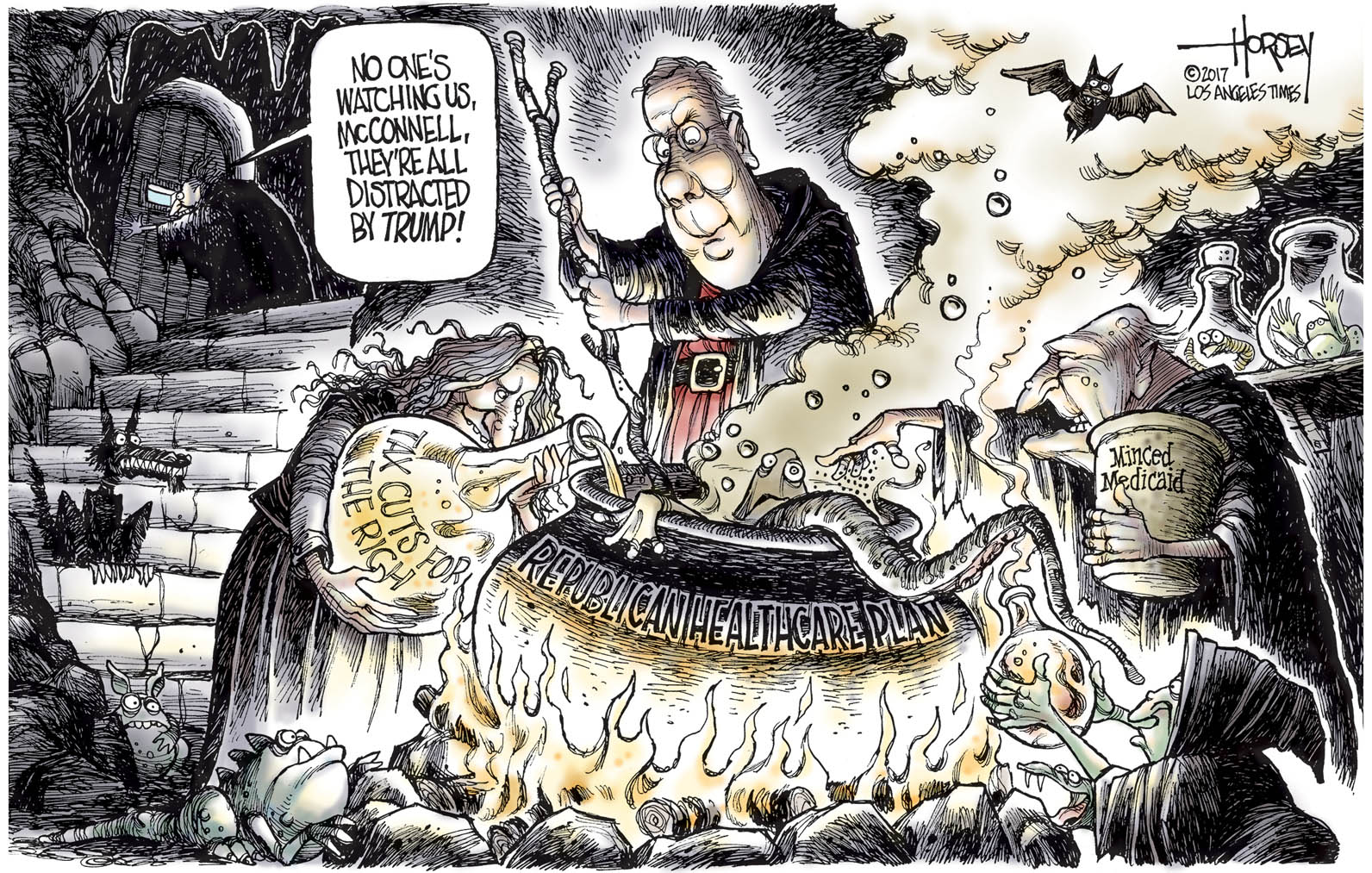 Political cartoon U.S. Trump distraction Republican health care AHCA