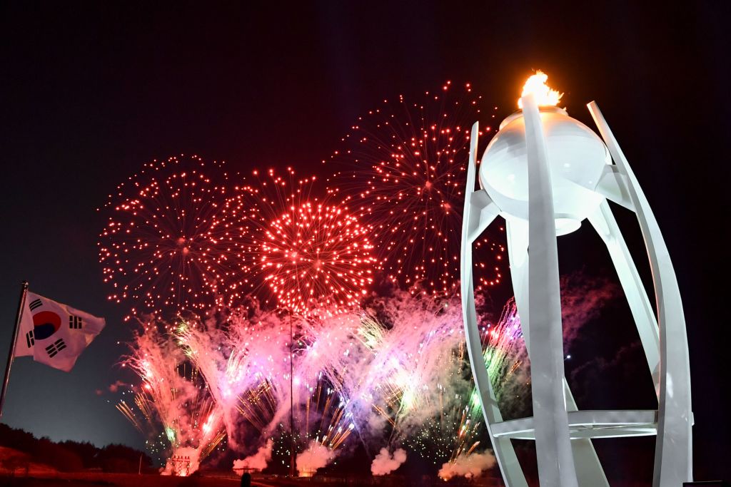 The Olympic flame before it was extinguished Sunday night.