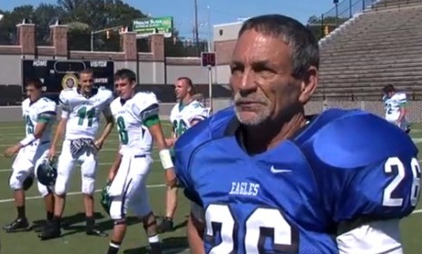 Alan Moore is not your typical college football player, but the 61-year-old impressed his young teammates by kicking an extra point during a game Saturday. 