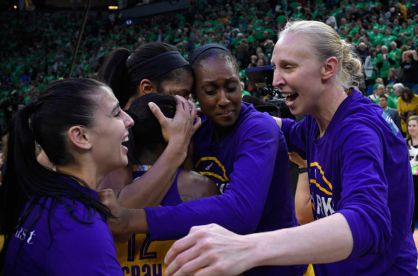 Members of the Sparks celebrate their WNBA Championship.