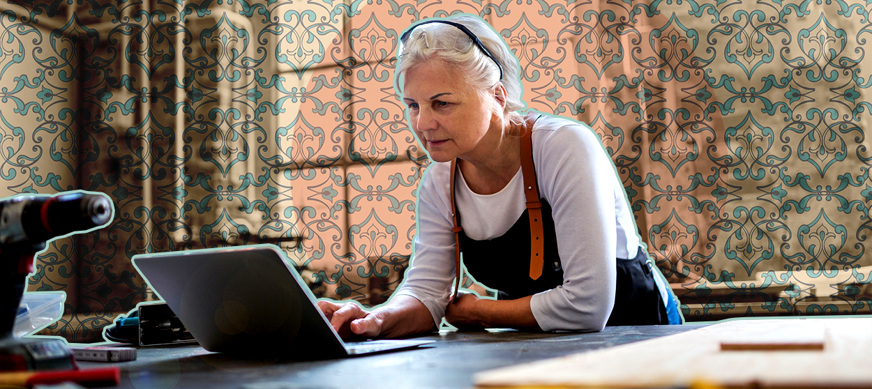 A woman at a laptop.