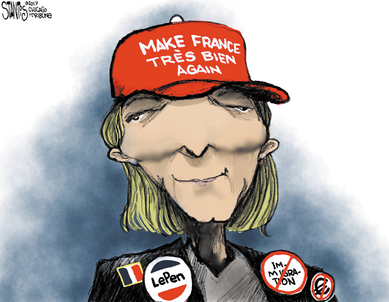 Political Cartoon International Marine Le Pen France anti-immigration  Trumpism