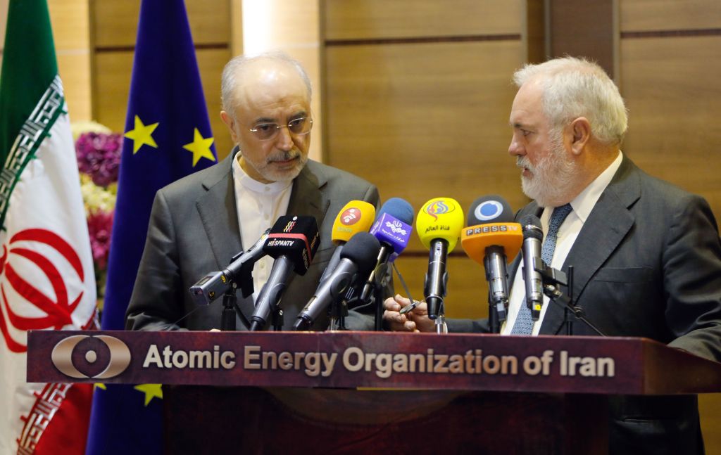 Iran&#039;s vice president and head of the Iranian Atomic Energy Organisation, Ali Akbar Salehi (L) and Arias Canete, European Union Energy Commissioner