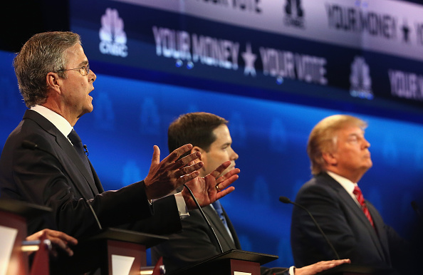 Jeb Bush, Marco Rubio, and Donald Trump at the third Republican presidential debate. 