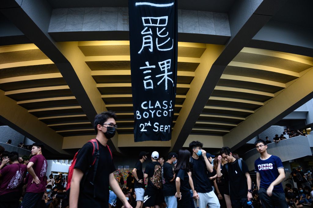 Students are protesting in Hong Kong on the first day of classes.