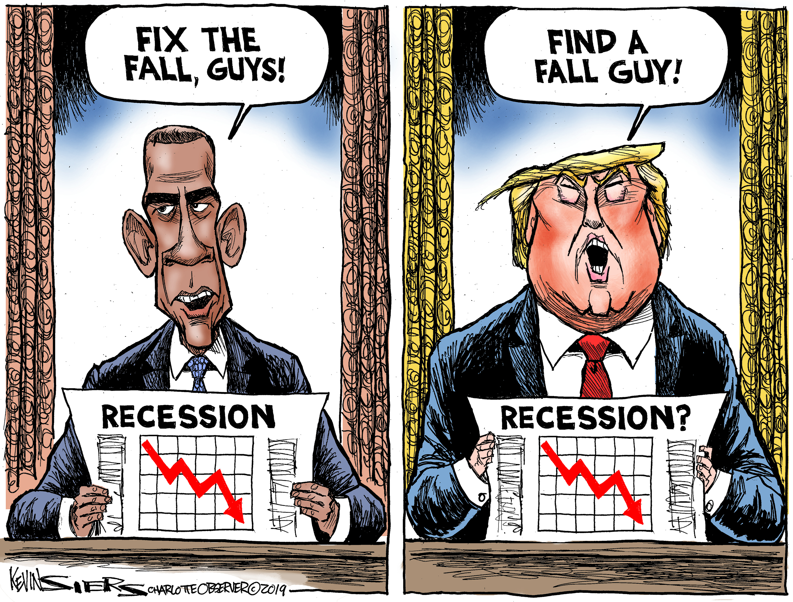 Political Cartoon . Barack Obama Recession Fixed Trump Shifting Blame  Fall Guy