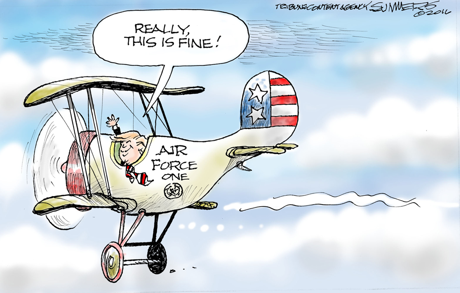 Political cartoon . Donald Trump air force one