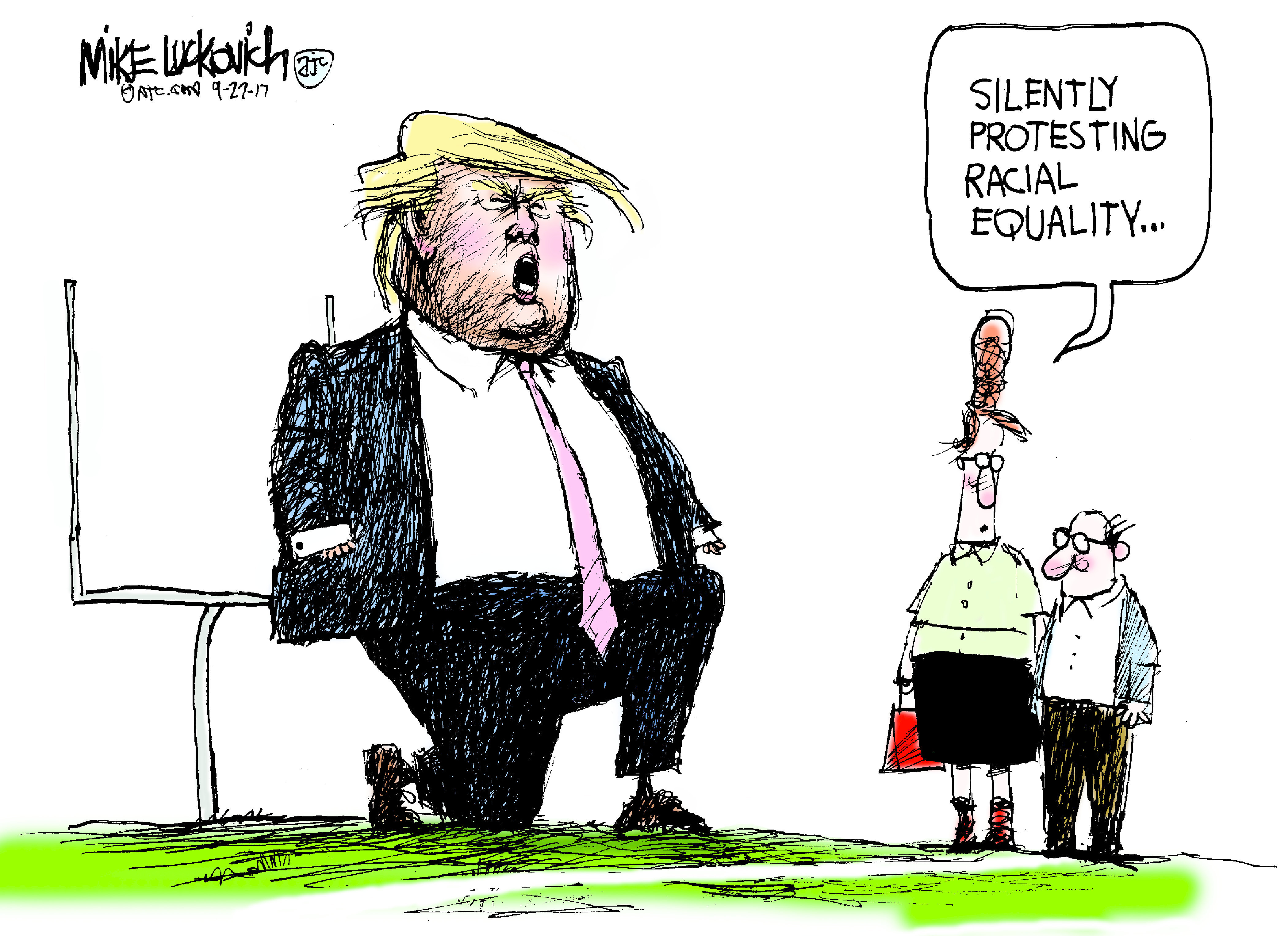 Political cartoon U.S. Trump NFL kneeling protest race inequality