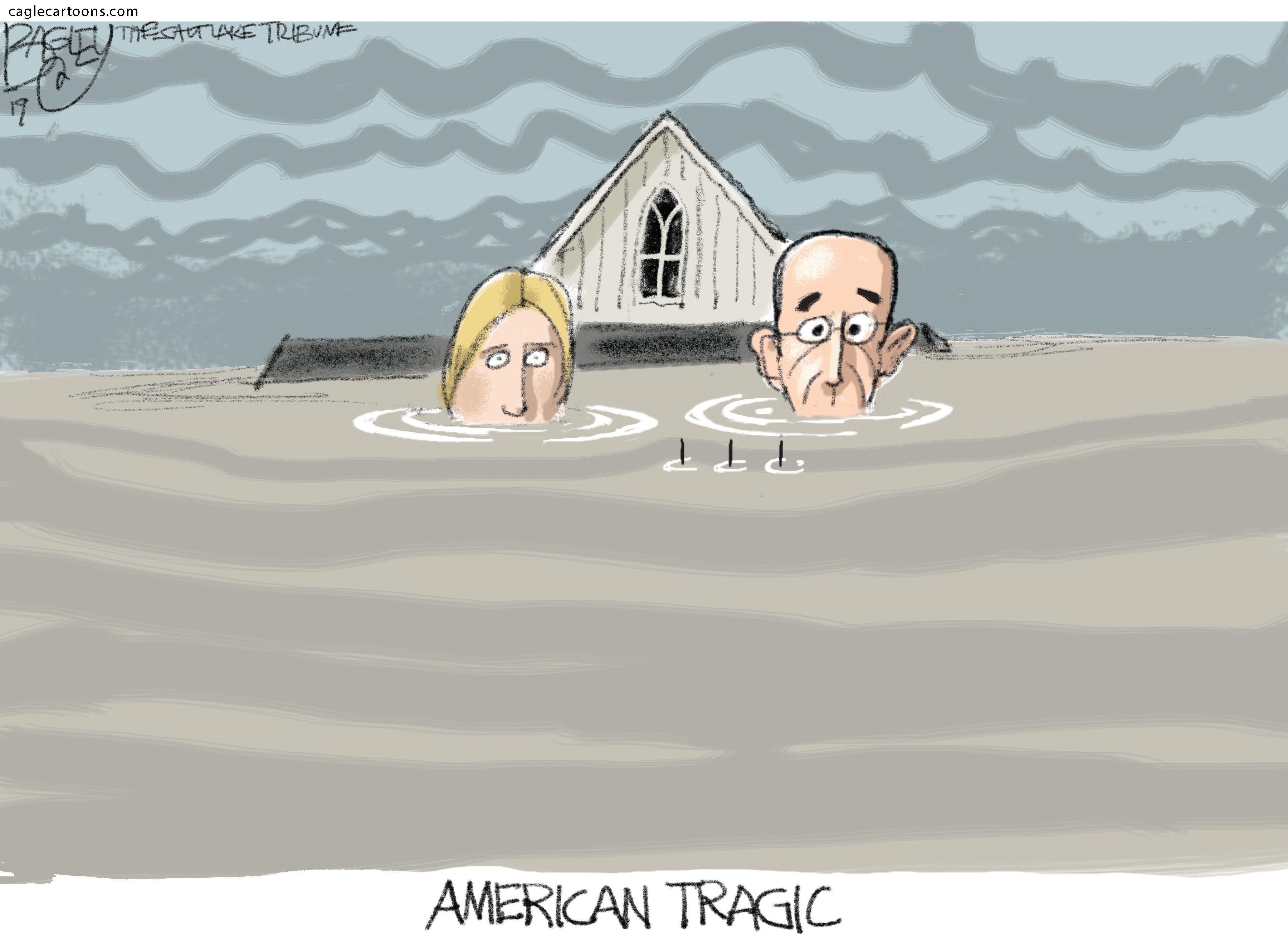 Editorial Cartoon . Flooding Midwest Climate Change American Gothic