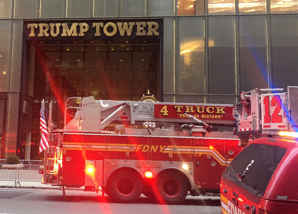 Fire trucks arrive at Trump Tower on 5th Avenue in New York on April 7, 2018.