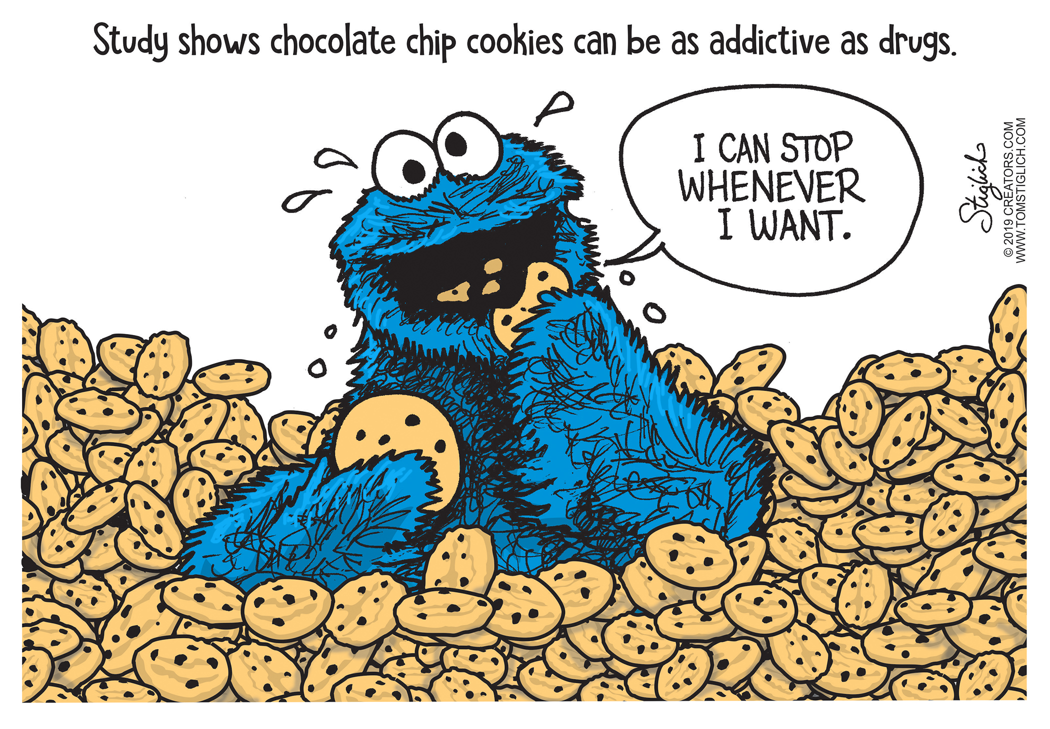 Editorial Cartoon . Addicted Chocolate Chip Cookie Monster
