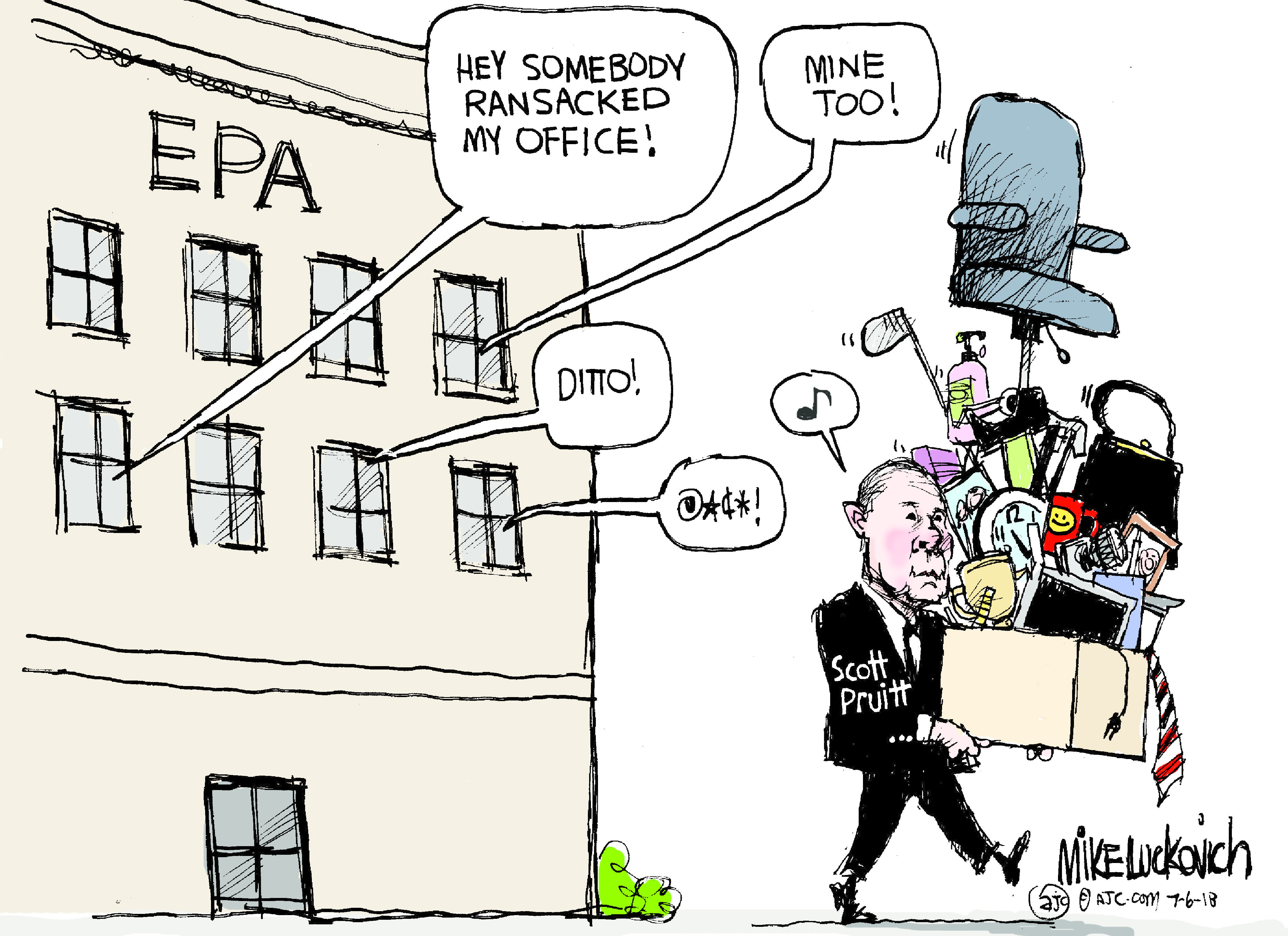 Political cartoon U.S. Scott Pruitt EPA resignation office stolen items Trump