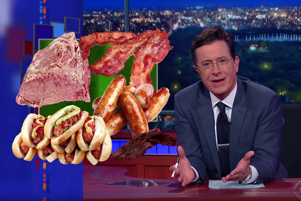 Stephen Colbert laments the warning about red meat and cancer