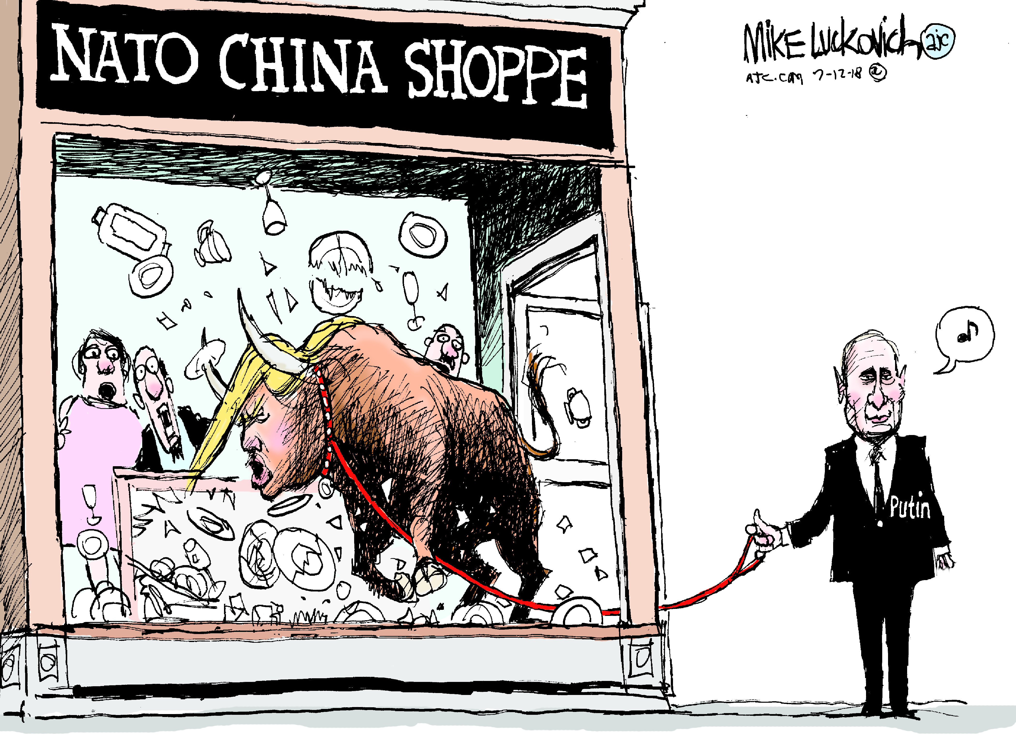 Political Cartoon . Trump NATO summit Putin bull in china shop