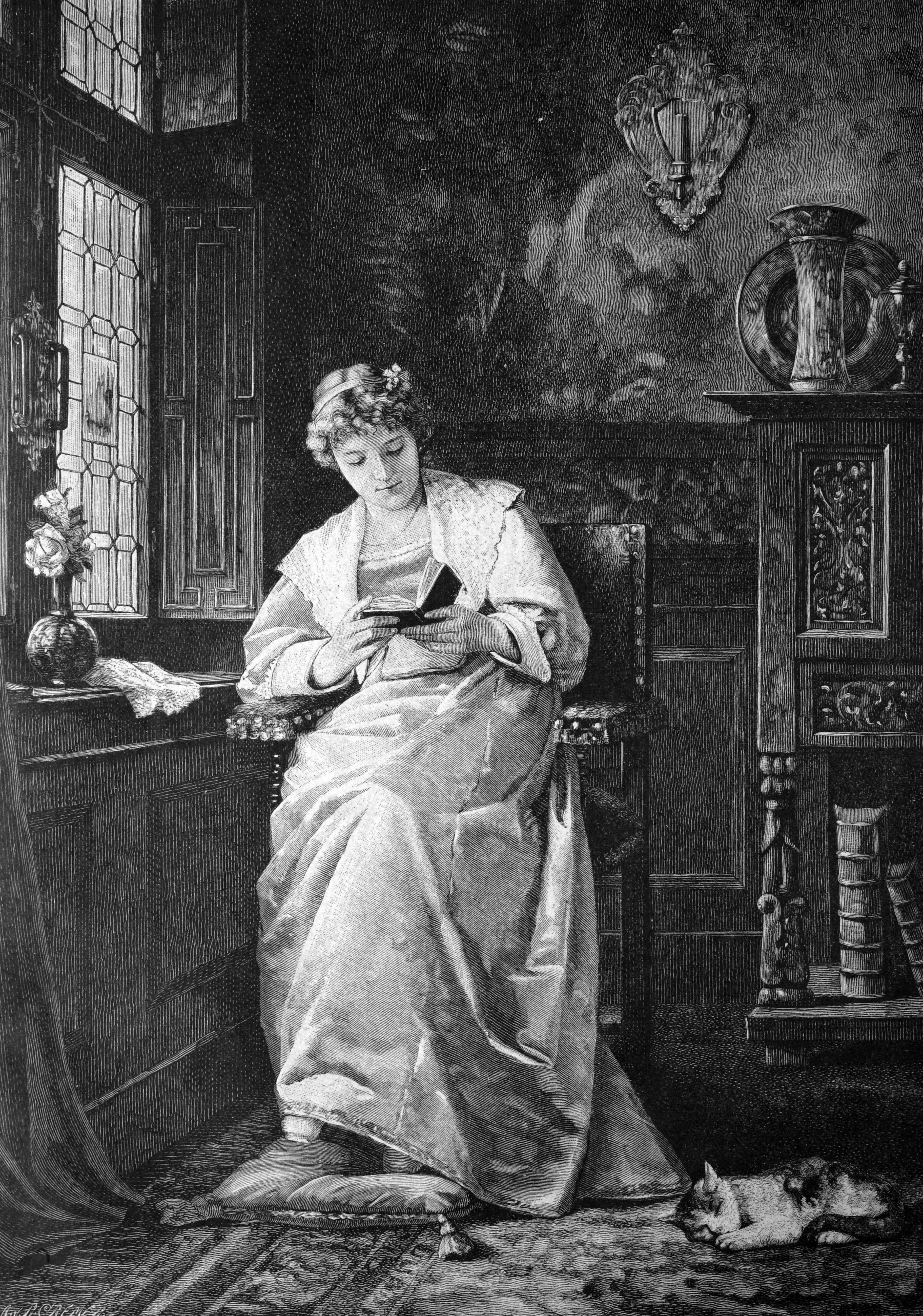 19th century sketch of a woman reading.