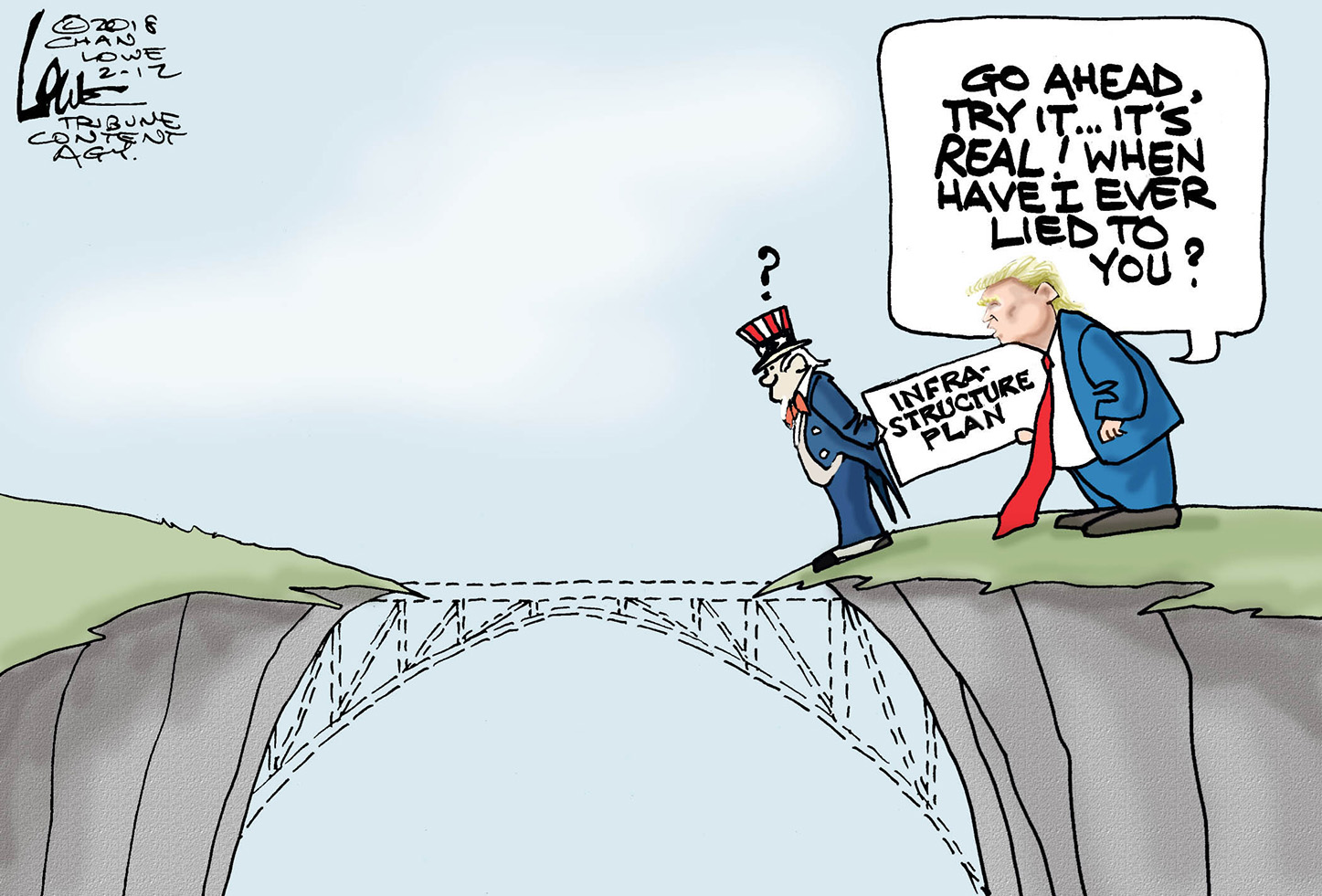 Political cartoon U.S. Trump lies infrastructure plan