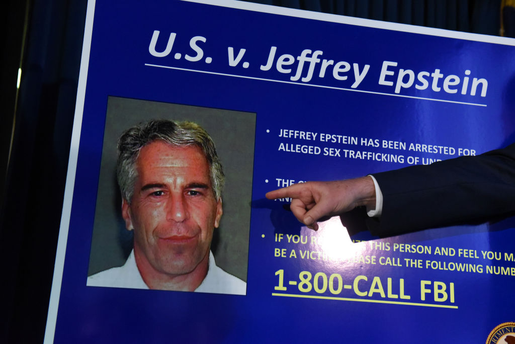 A poster with Jeffrey Epstein&#039;s face on it.