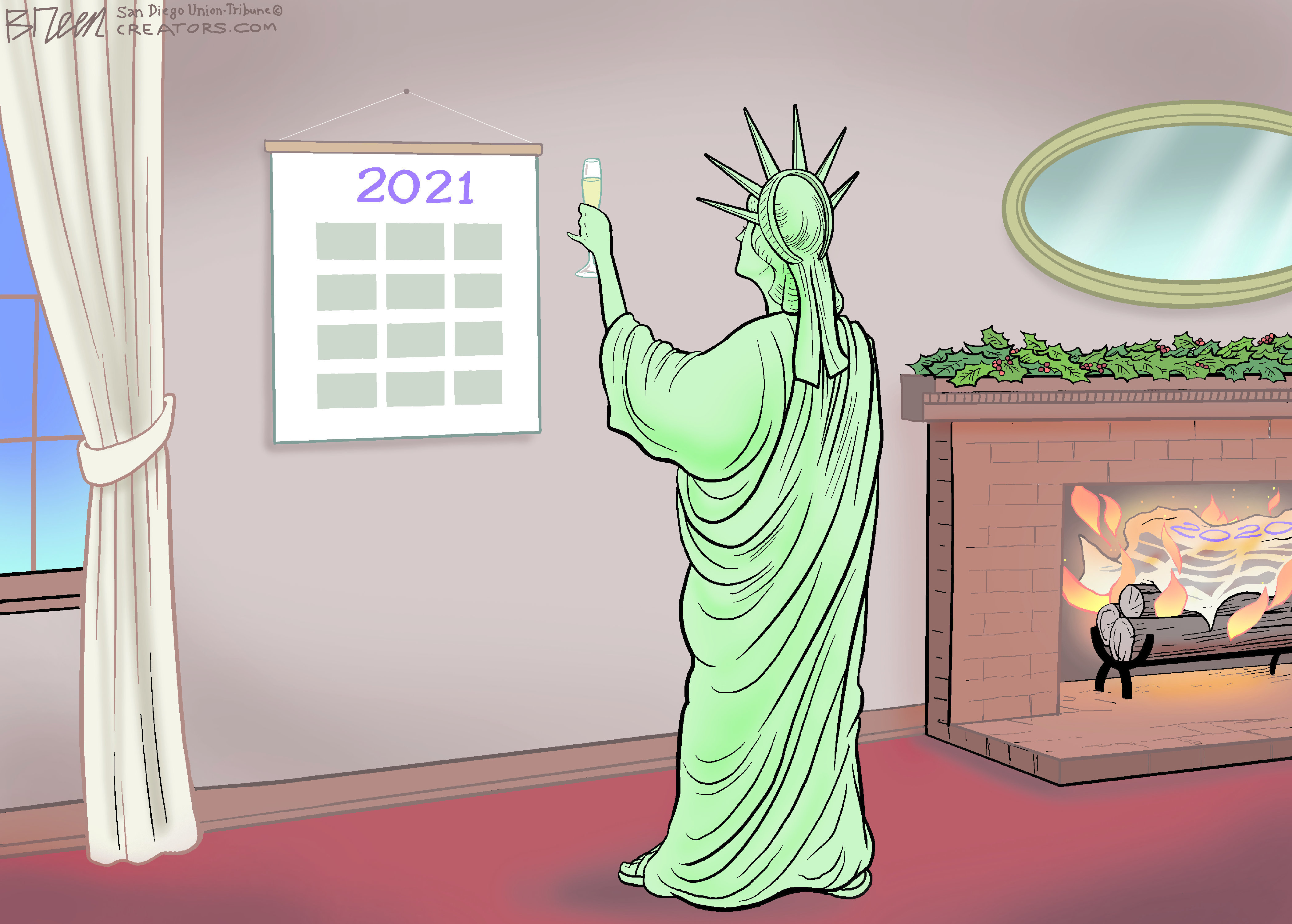 Editorial Cartoon U.S. Statue of Liberty Freedom 2021 New Years