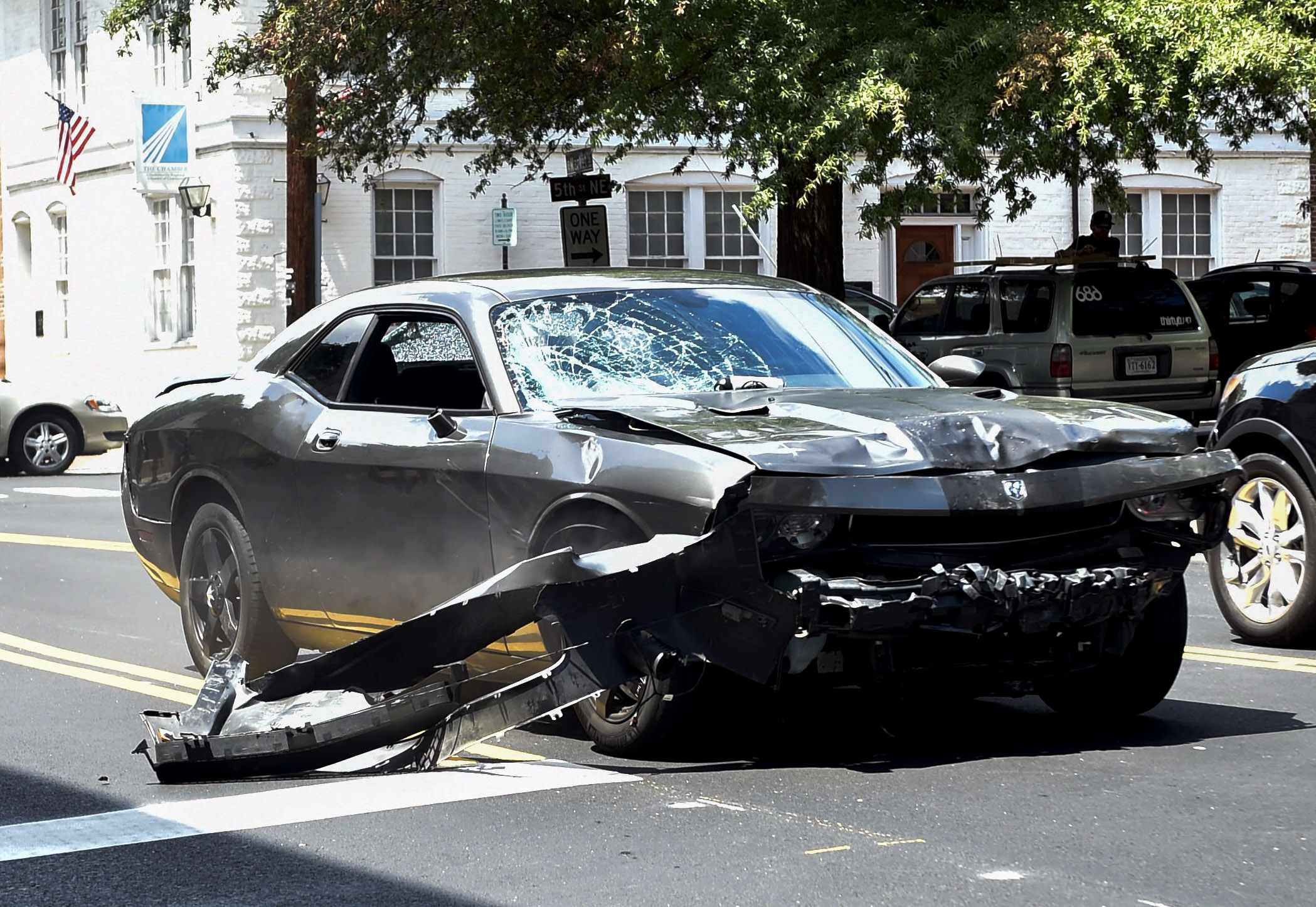 The silver Dodge Charger used to injure a group of protestors.