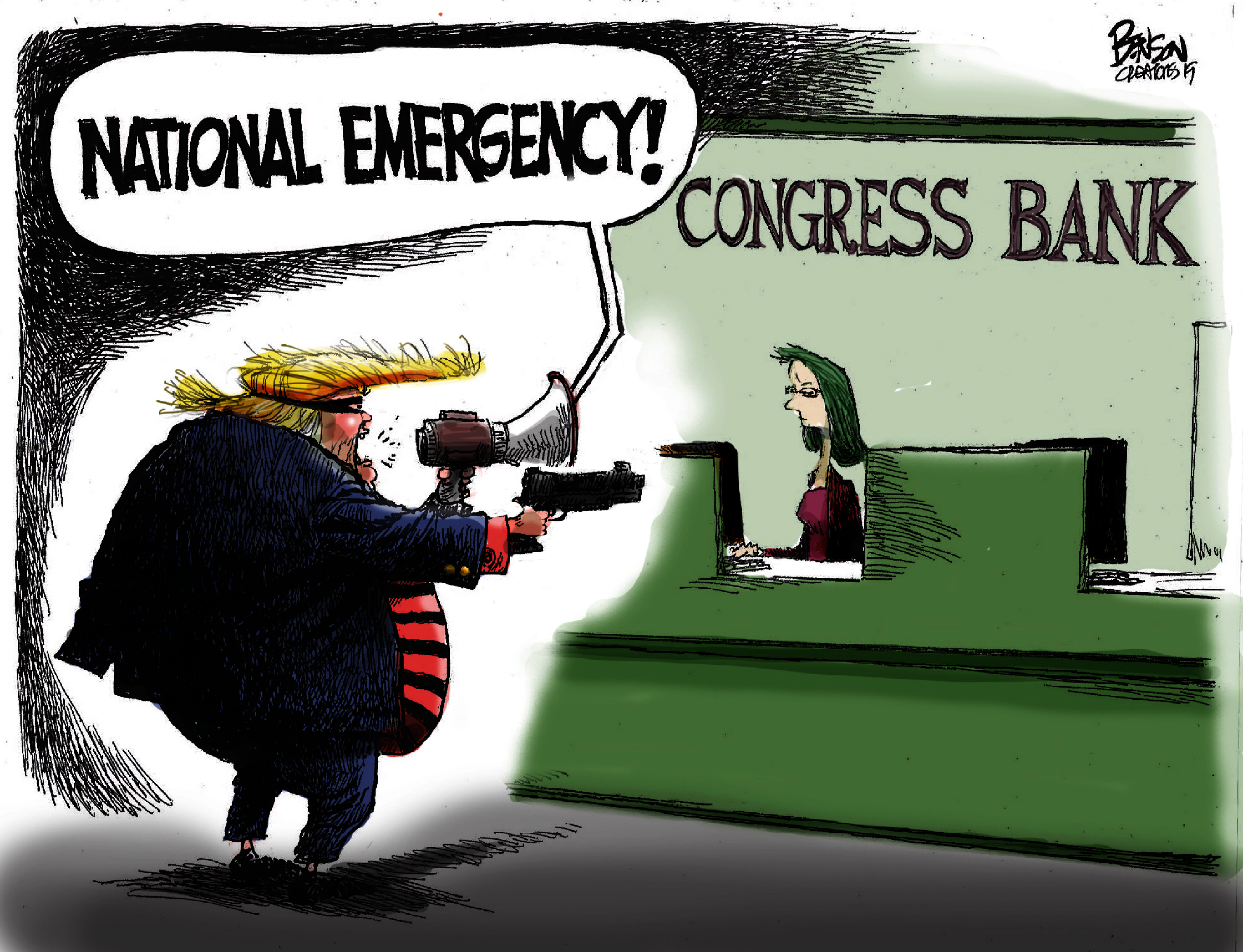 Political Cartoon . Trump national emergency congress bank