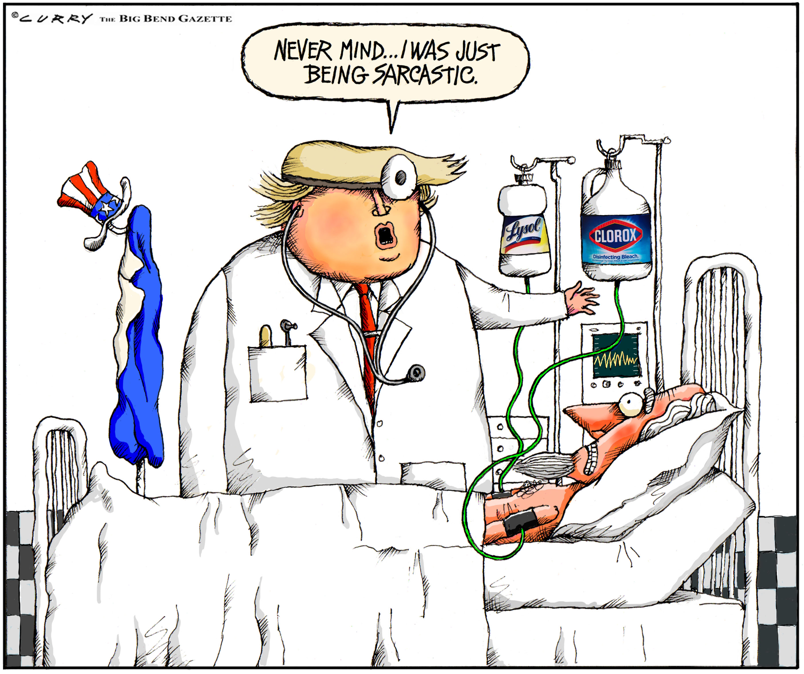 Political Cartoon U.S. Trump Uncle Sam disinfectant coronavirus sarcastic