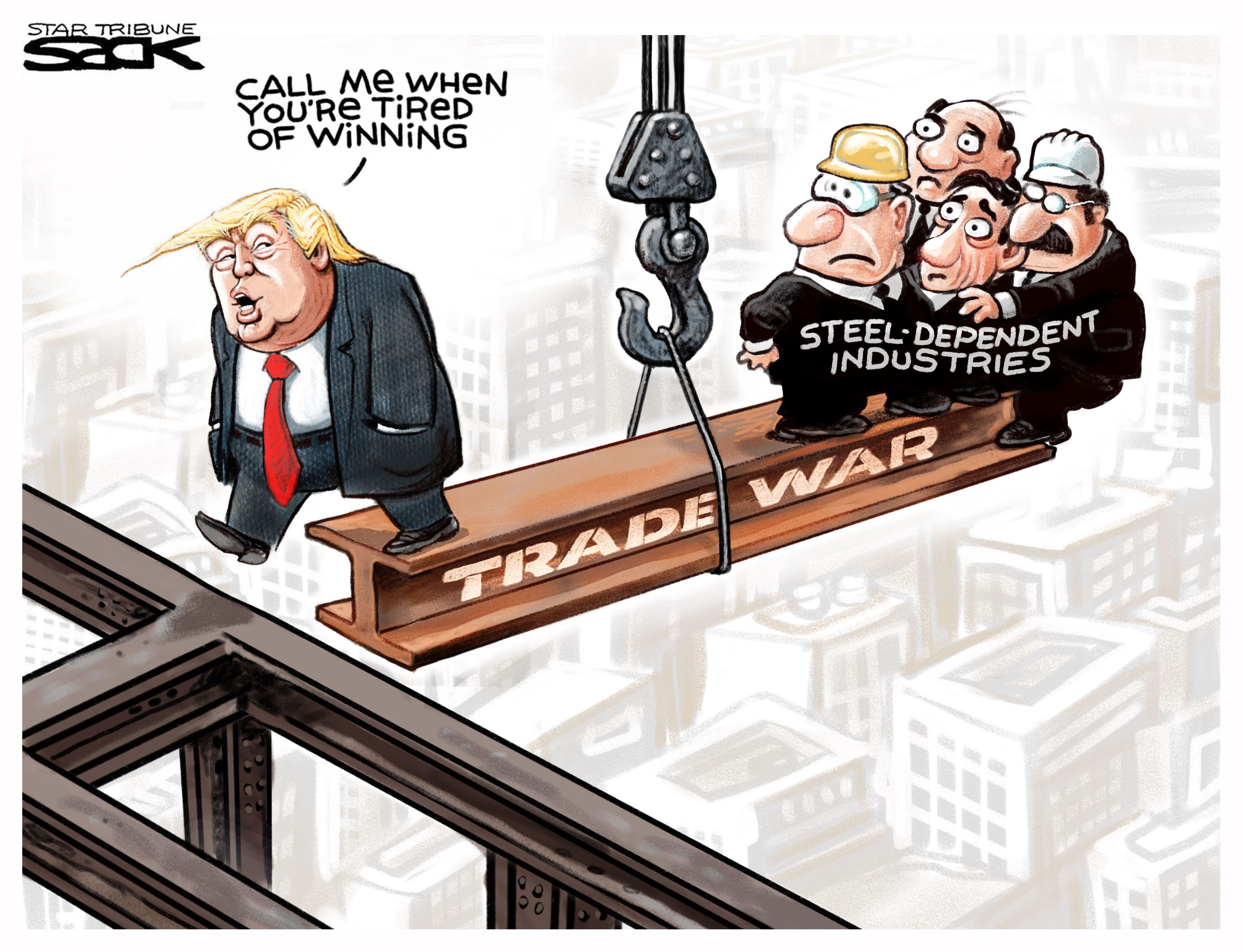 Political cartoon . Trump steel industry trade war tariffs