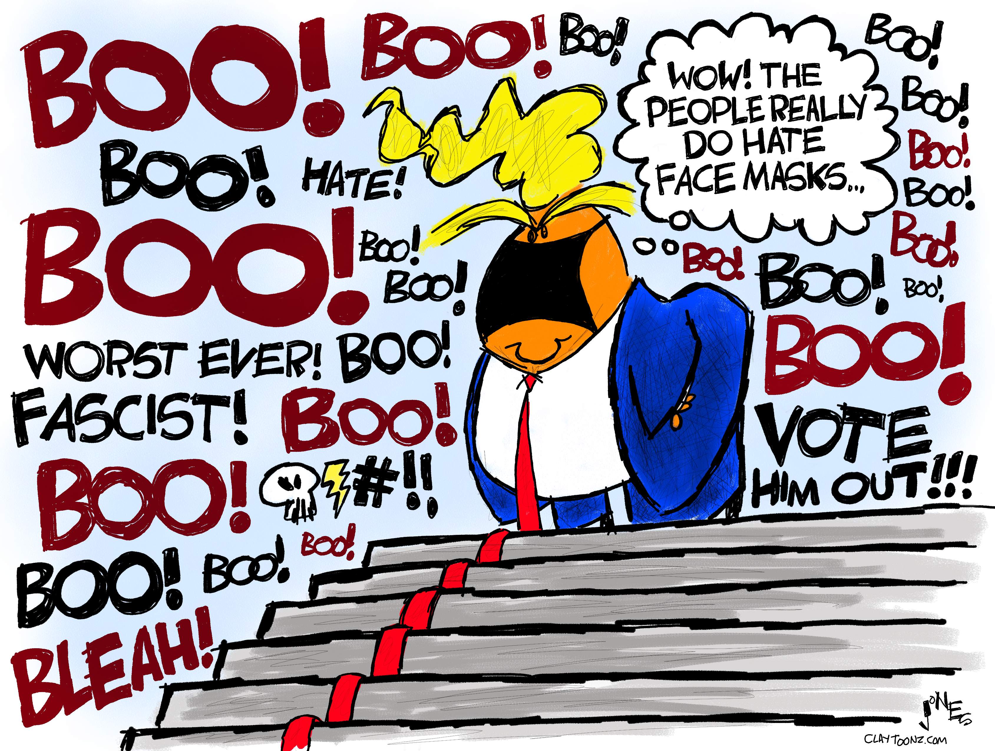 Political Cartoon U.S. Trump covid mask boos
